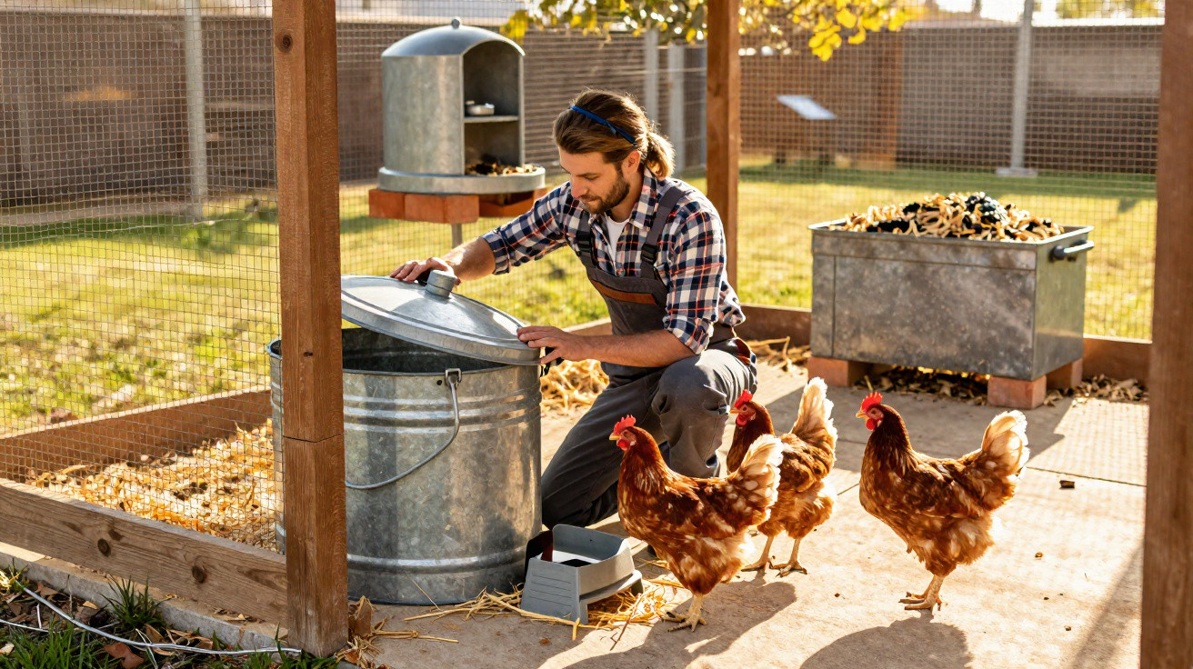 Man in checked shirt feeding three brown chickens inside a fenced chicken coop on a sunny day