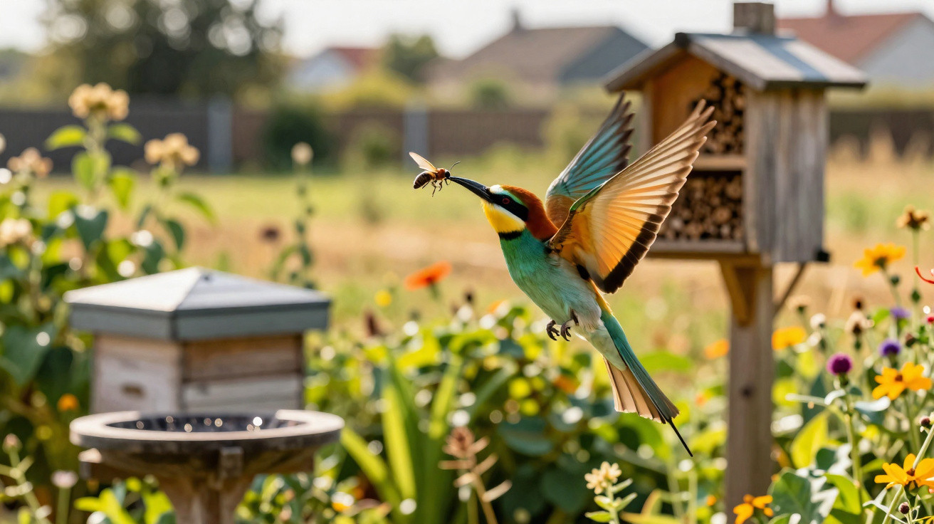 Colourful bird in flight catching an insect in its beak above a garden with flowers and birdhouses.