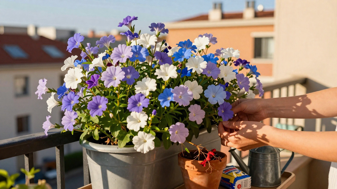 Hands tending to a large pot of blue, white, and purple flowers on a sunny balcony railing.