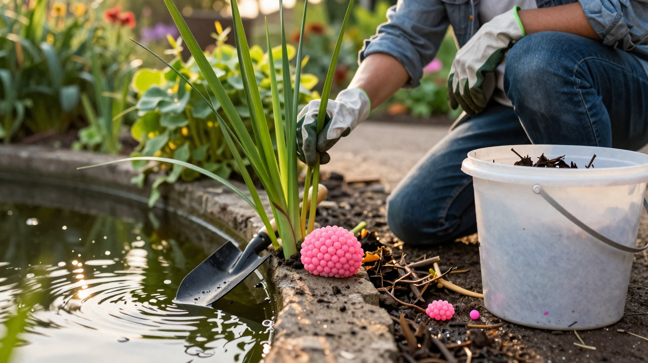 Person kneeling by a garden pond planting water plants with gloves, trowel, and a white bucket nearby.