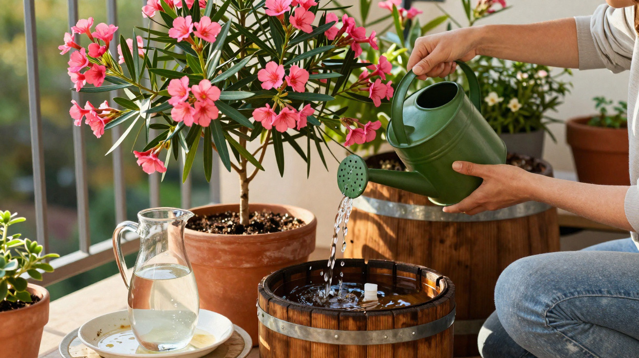 Person watering plants with a green watering can on a balcony with potted pink flowers and wooden barrels.