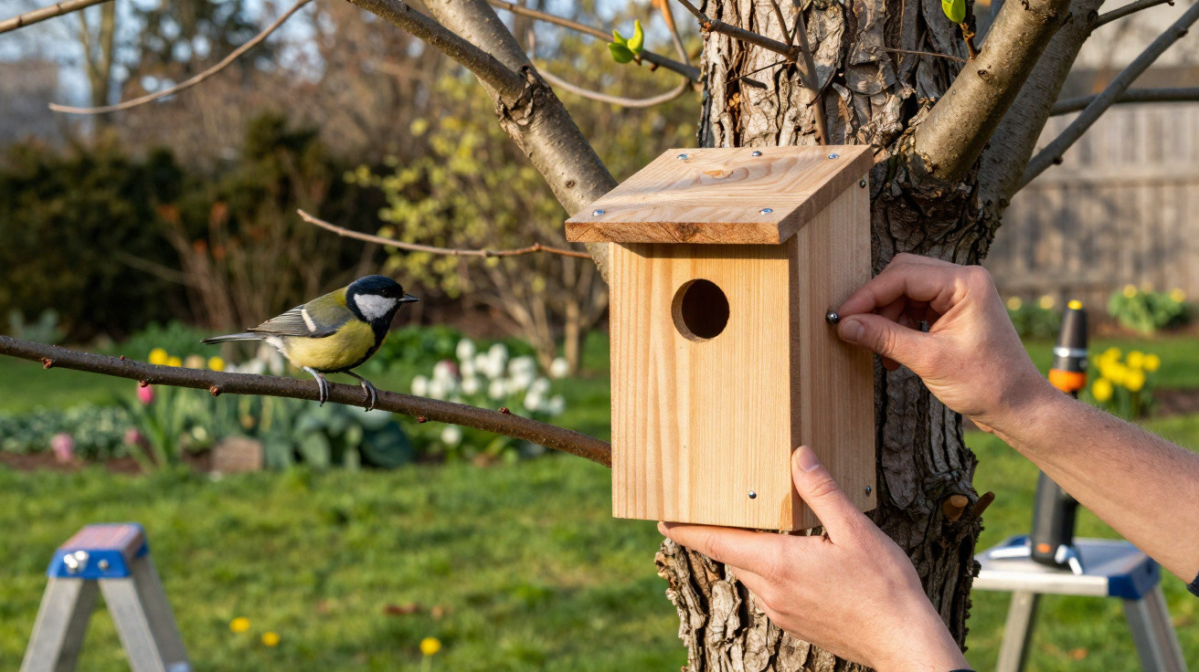 Person mounting a wooden birdhouse on a tree branch with a great tit bird nearby in a garden.
