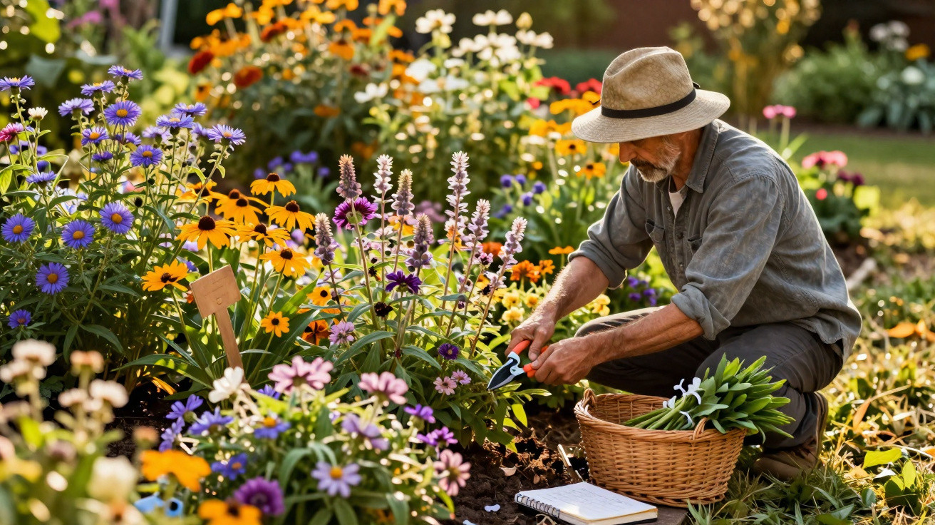 Man wearing a hat pruning flowers with shears in a colourful, sunlit garden.