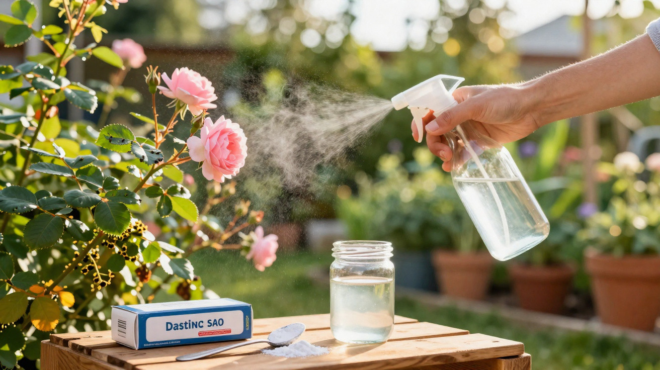 A hand spraying pink roses with water from a spray bottle outdoors on a sunny day.