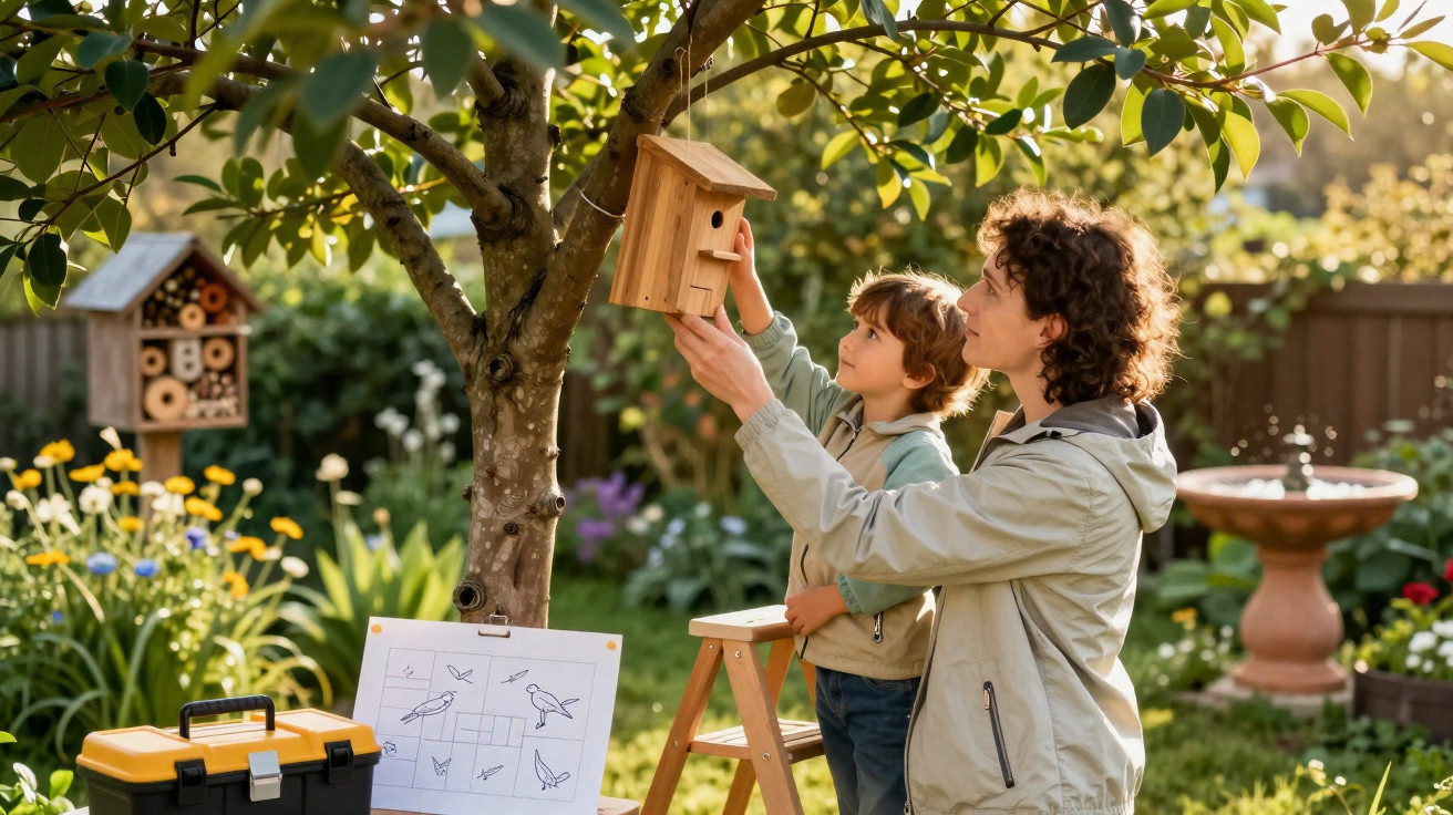 Adult and child hanging a wooden birdhouse on a tree in a sunlit garden with flowers and bird sketches nearby.