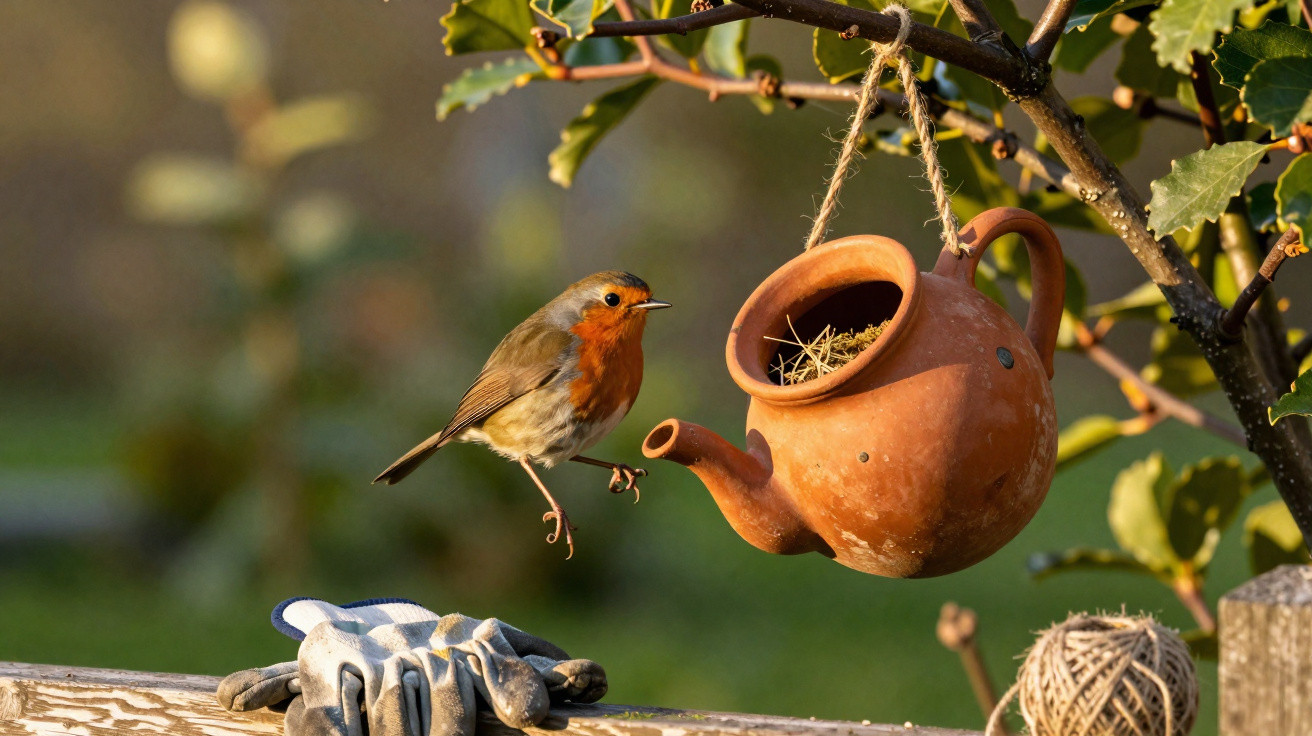 Robin bird in mid-flight near a hanging clay teapot birdhouse on a tree branch outdoors.