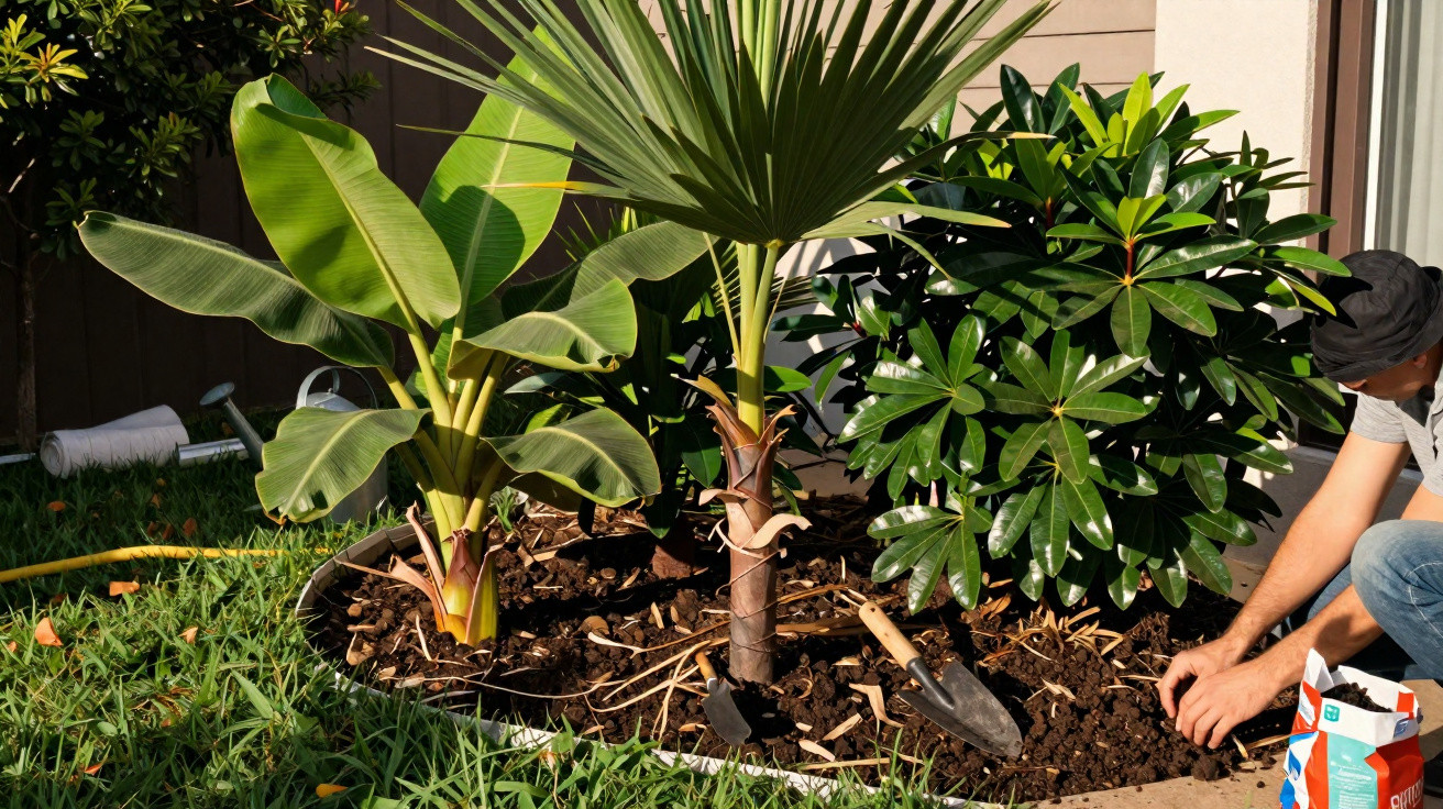 Person planting tropical plants in a garden bed with gardening tools and green lawn nearby.