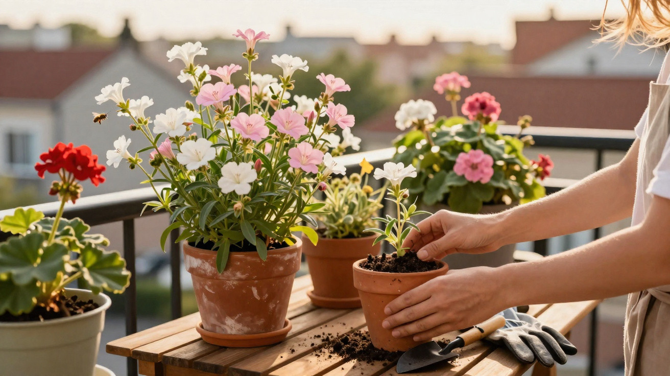 Person planting flowers in pots on a wooden table on a balcony at sunset.