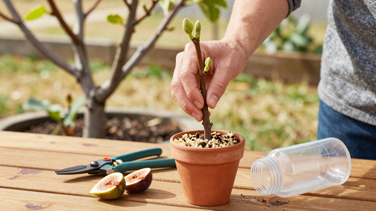 Person planting a young fig tree cutting in a small terracotta pot on a wooden table outdoors.