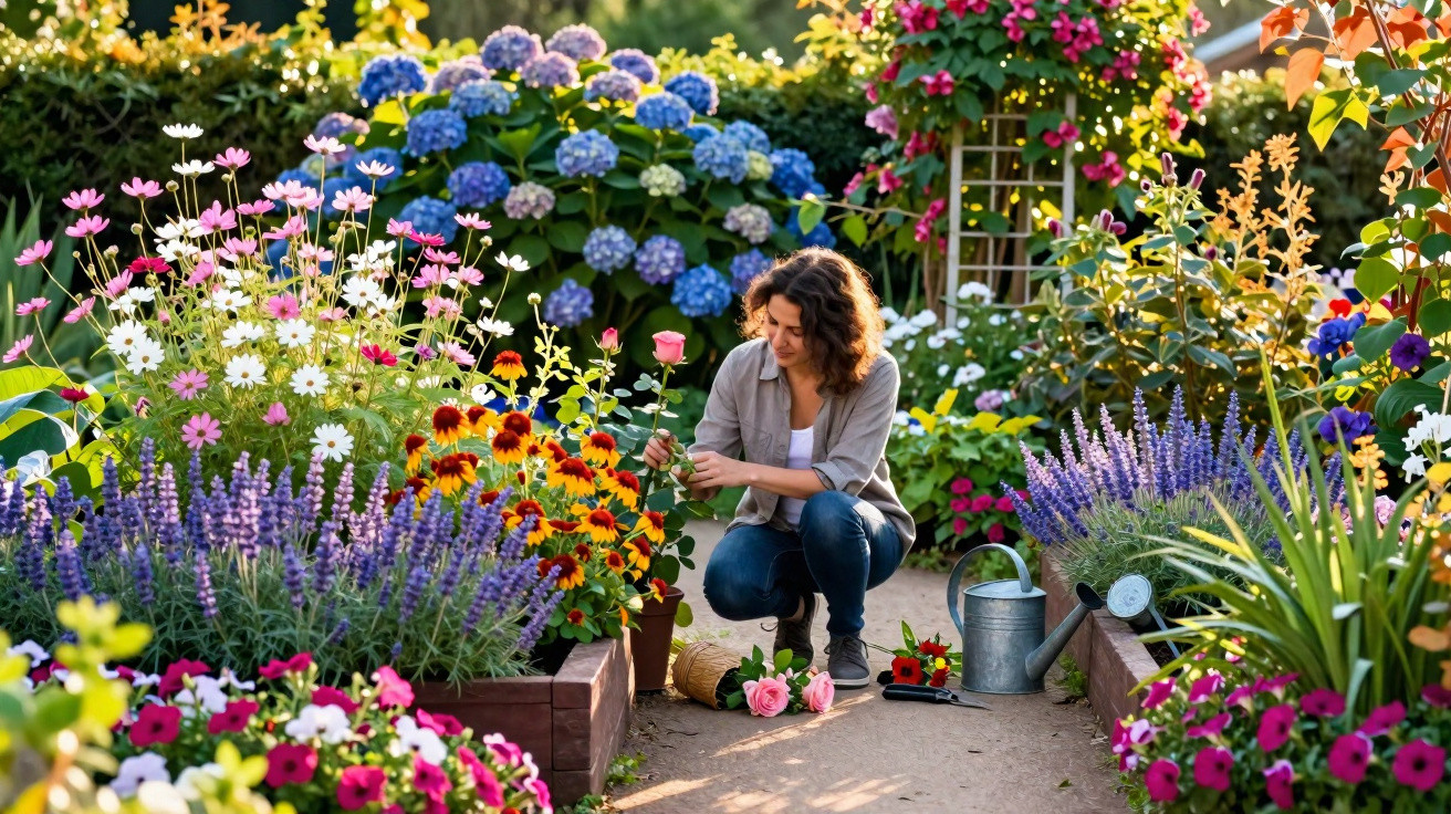 Woman kneeling in a colourful garden tending to flowers with gardening tools and a watering can nearby.