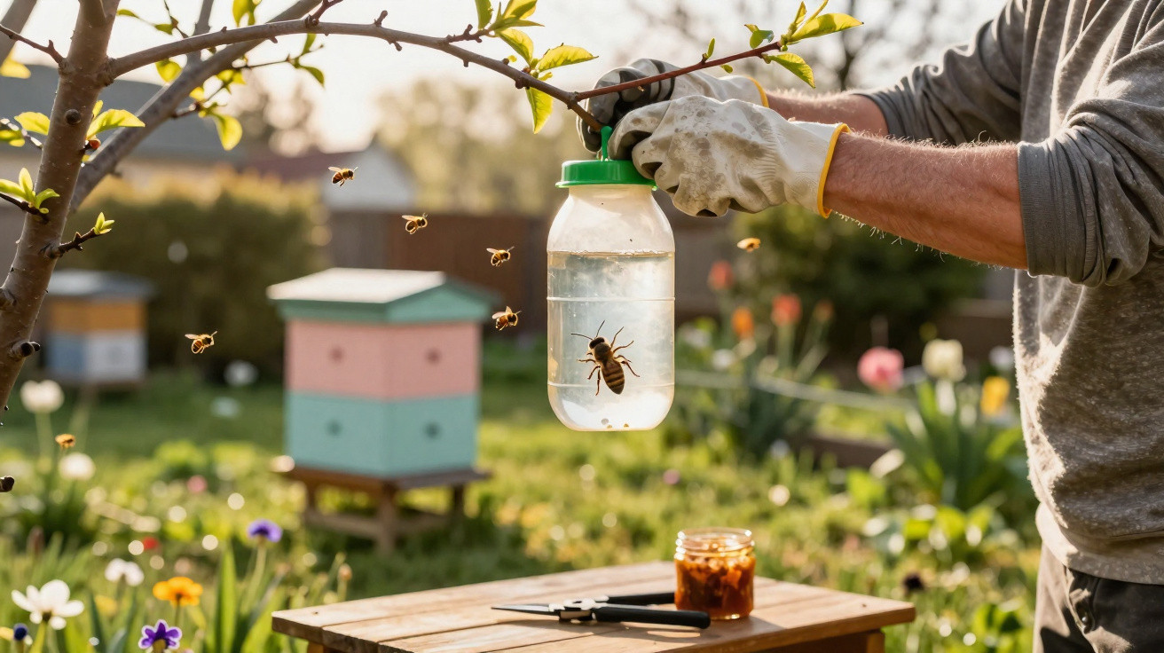 Person in garden holding container with bees flying around and colourful beehives in the background