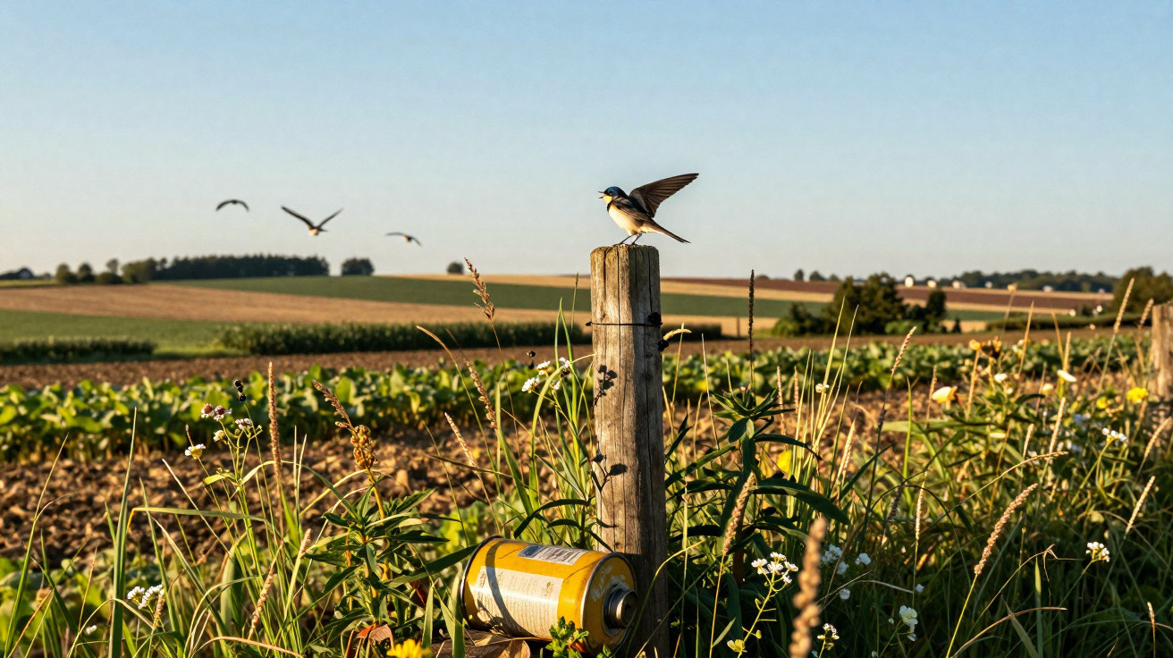 Small bird perched on a wooden fence post in a sunlit rural field with wildflowers and flying birds in the background.