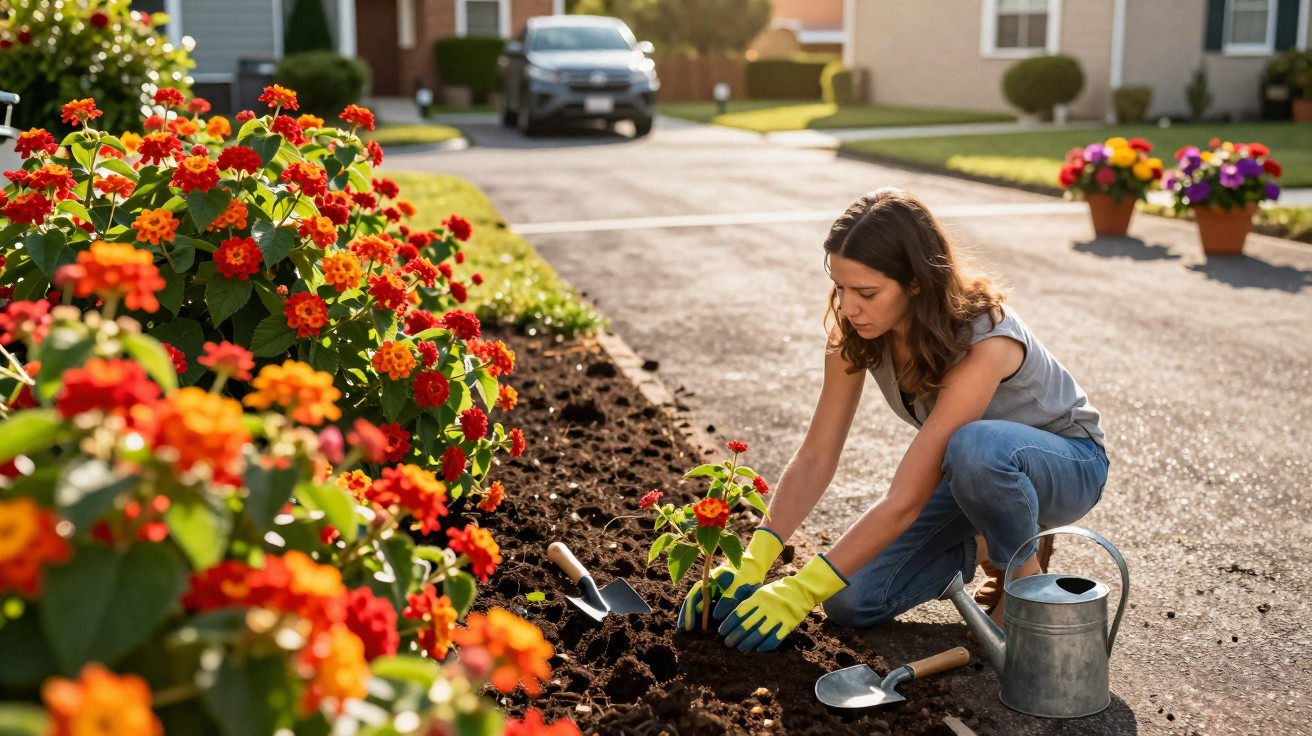 Woman wearing gloves planting flowers along a roadside flowerbed on a sunny day.