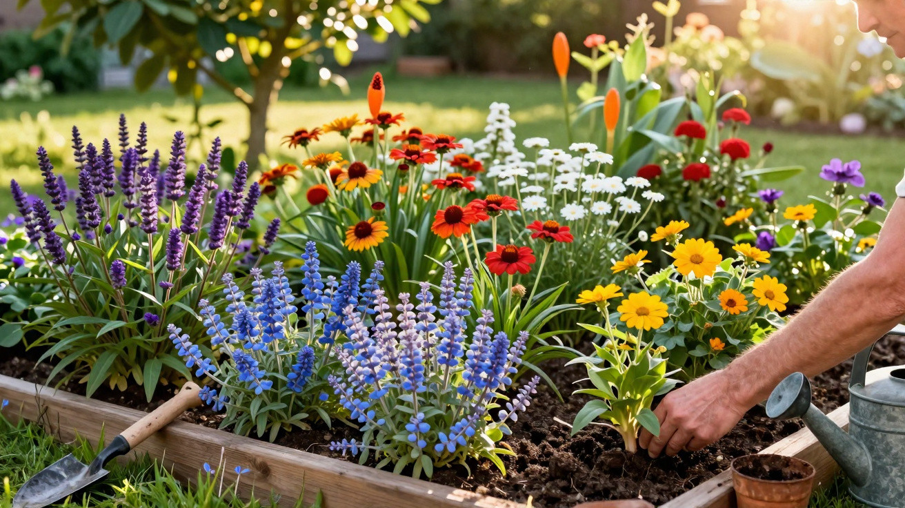 Person planting vibrant purple, red, white, and yellow flowers in a raised garden bed on a sunny day.