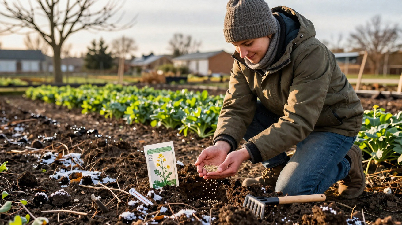 Person in winter clothing sowing seeds in a garden bed with green plants and a seed packet nearby.