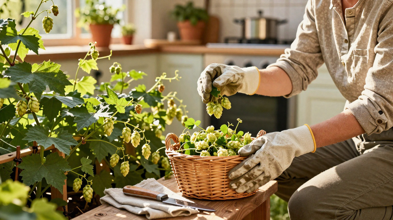 Person wearing gloves harvesting fresh green hops into a wicker basket in a sunlit kitchen garden.