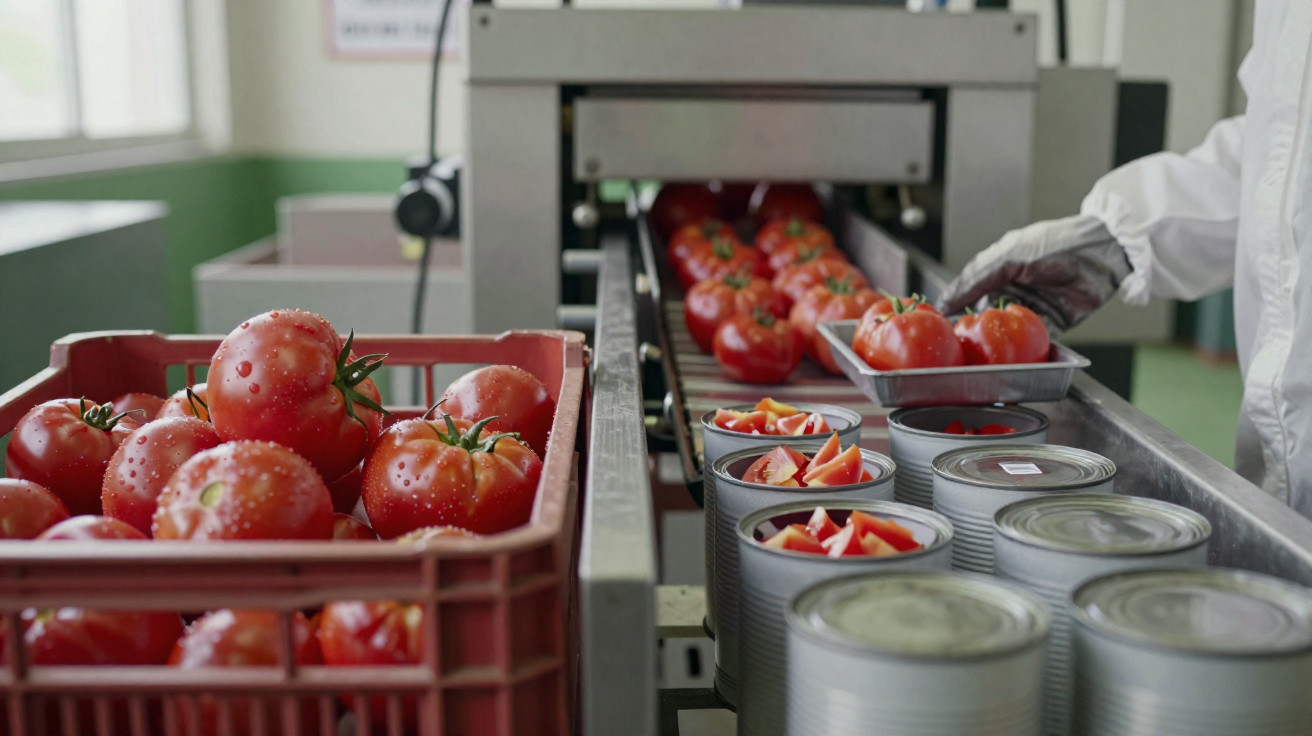 Worker inspecting fresh tomatoes on conveyor belt next to crate of tomatoes and open cans with tomato pieces.