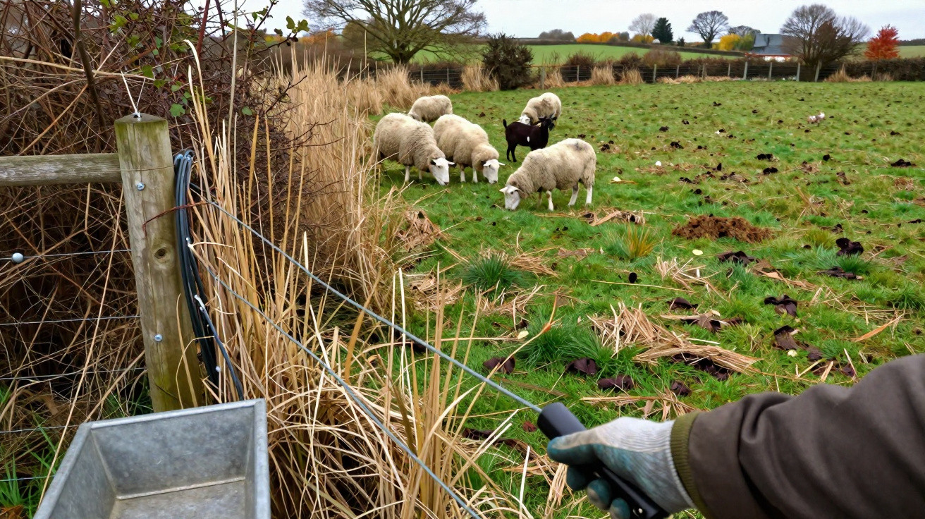 A person holding a remote controls grazing sheep in a green grassy field bordered by dry reeds and a wooden post fence.