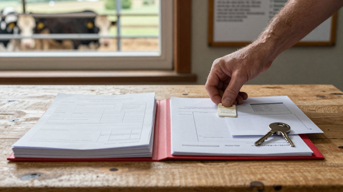 Hand placing a small document on top of papers in a red folder on a wooden table with keys beside them and cows visible outsi