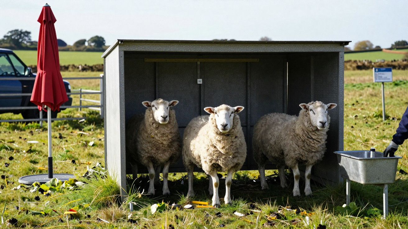 Three sheep standing inside a metal shelter on grassy farmland with a red umbrella nearby.