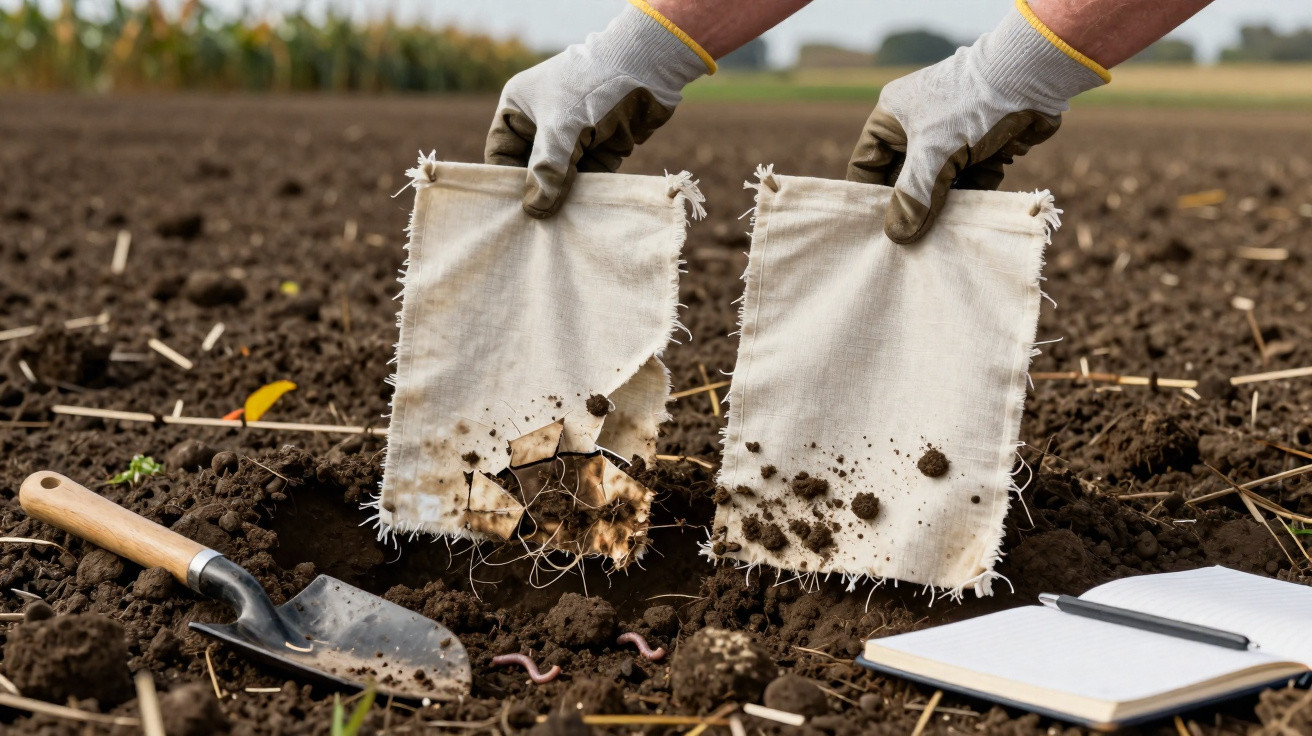 Hands in gloves holding cloth bags with soil samples above a garden bed with a shovel and notebook nearby.