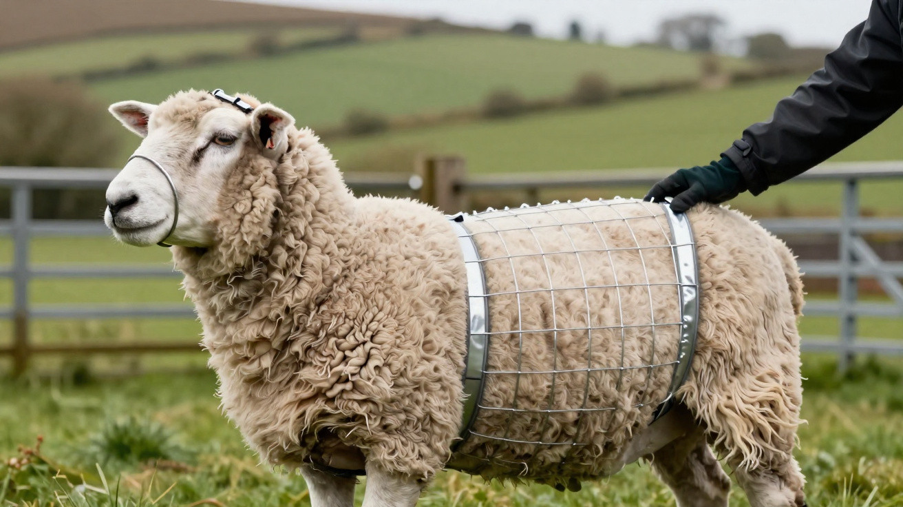 Sheep wearing a metallic protective mesh on its back with a person’s gloved hand nearby in a grassy field.