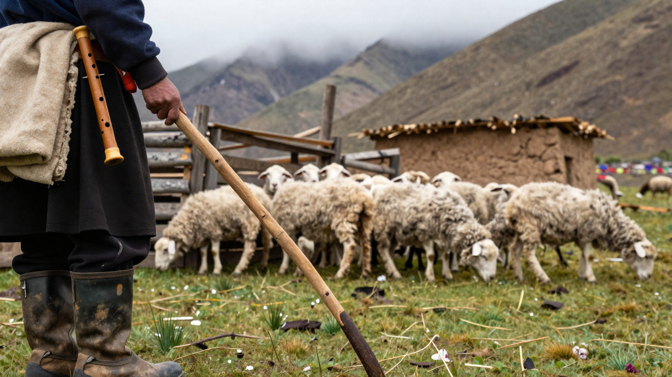 Shepherd holding a wooden staff and flute, watching sheep grazing near a rustic stone hut with mountains behind.