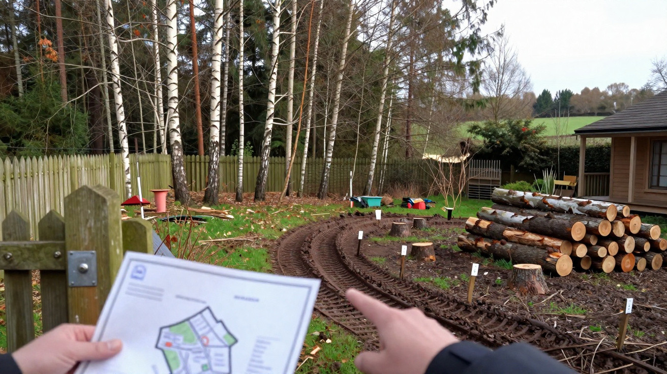 Person pointing at a garden railway track with logs stacked nearby and trees in the background.