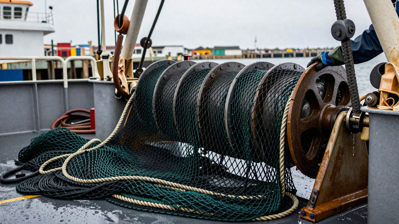 Fishing net wrapped around a large winch on the deck of a fishing boat on a rainy day.