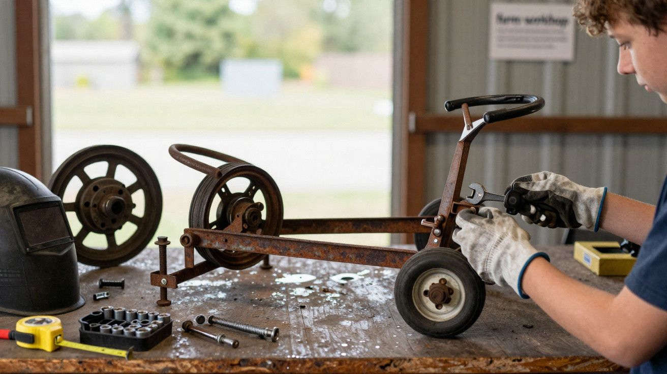 Person wearing gloves using a wrench to repair a rusty metal go-kart frame on a workshop table.