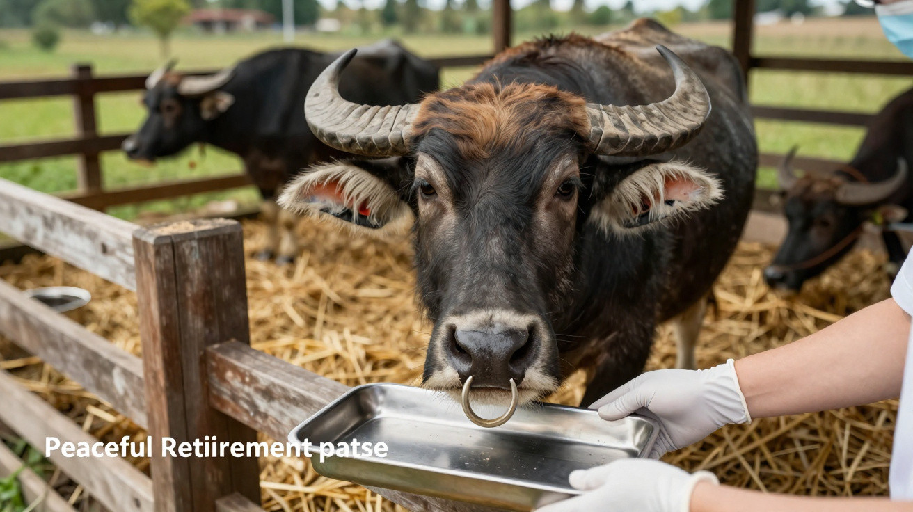 Water buffalo with nose ring drinking from a metal tray held by gloved hands in a pen.