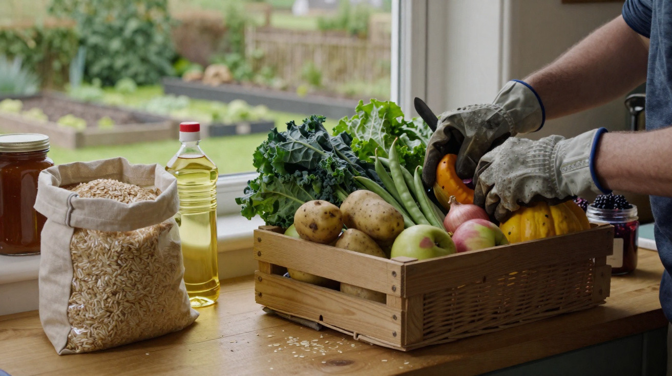 Person wearing gloves harvesting vegetables from a wooden crate on a kitchen counter near window.