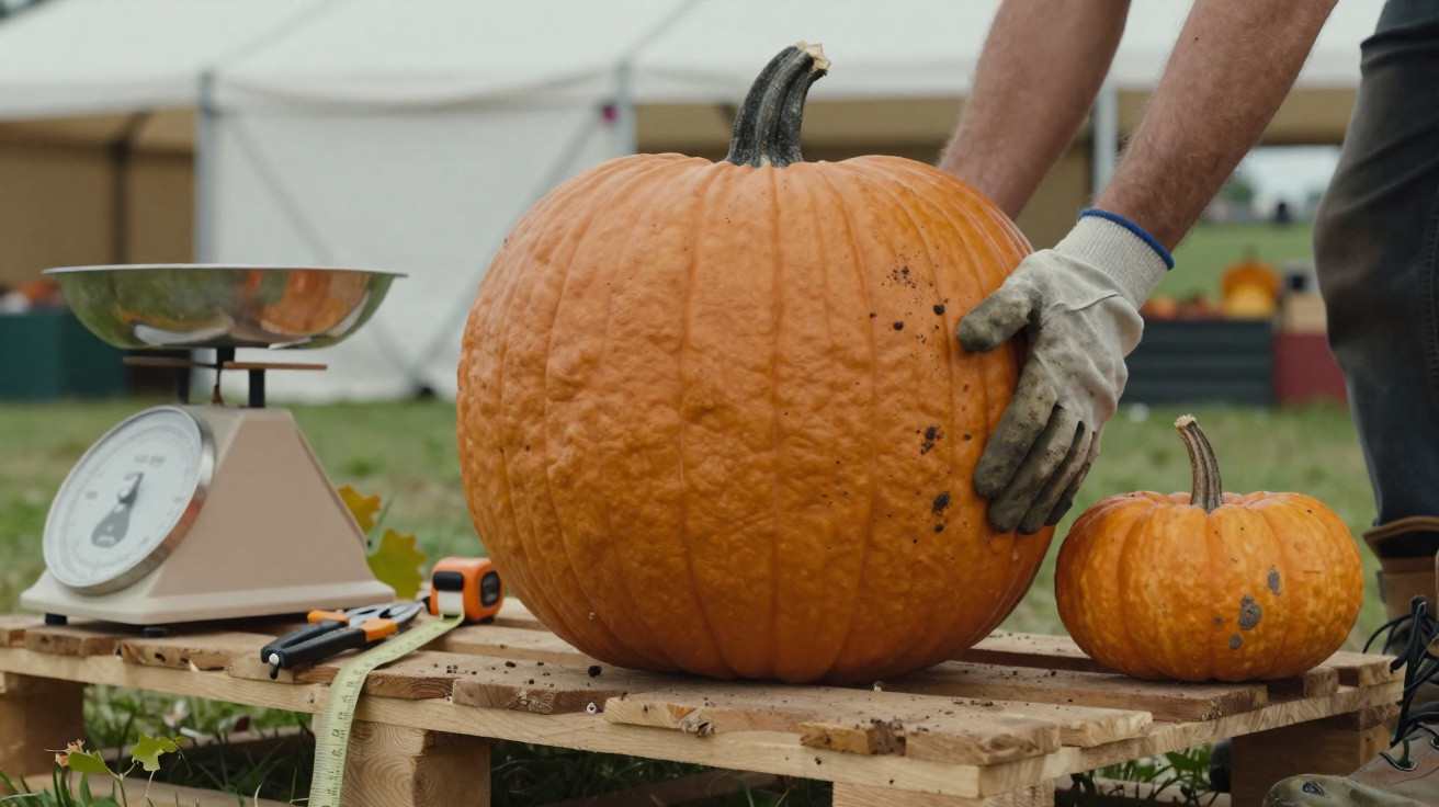Person wearing gloves holding large pumpkin on wooden pallet beside smaller pumpkin and weighing scale outdoors