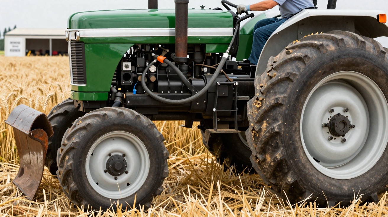 Close-up of a green tractor with large tyres driving through a golden wheat field with a person steering.