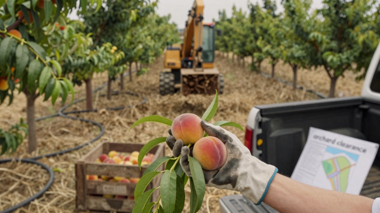 Hand in glove holding two peaches with orchard trees and equipment in background during harvest.