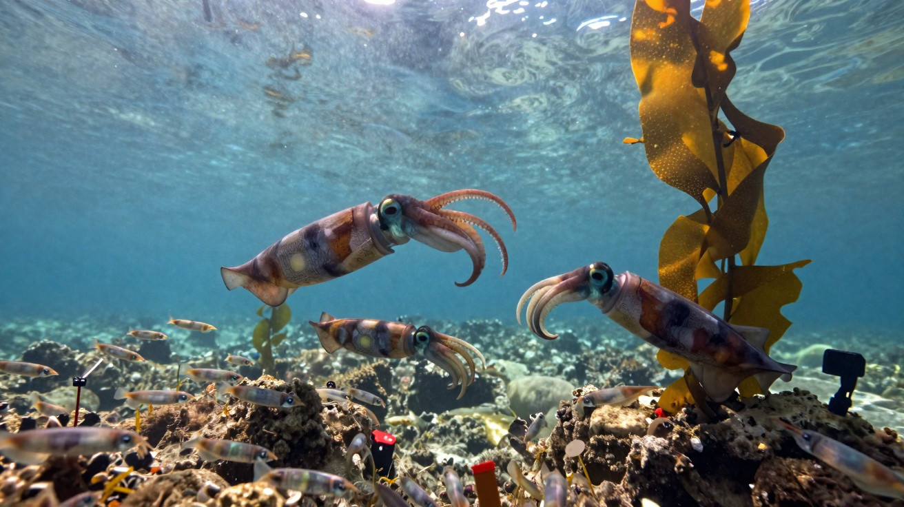 Underwater scene showing several squids swimming around coral and seaweed in clear blue water.