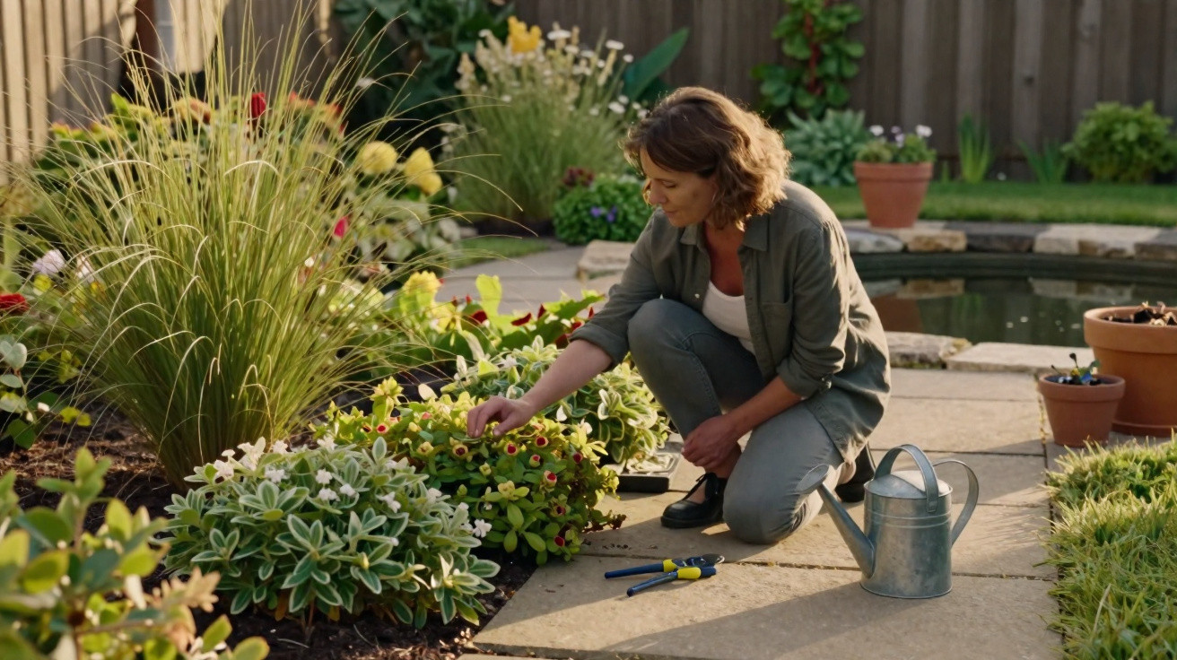 Woman gardening by a pond, tending to flowers with watering can and gardening tools on a paved path.