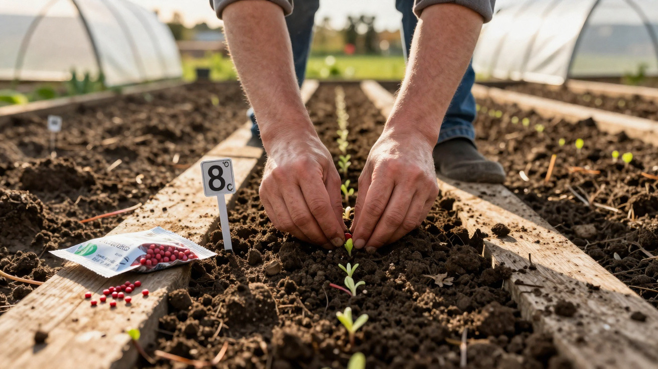 Hands planting seedlings in soil rows inside a greenhouse, with seed packet and marker labelled "8°C" nearby.