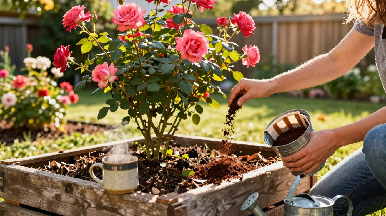 Person adding coffee grounds as fertiliser to a raised garden bed with blooming pink roses in sunlight.