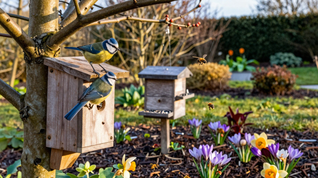 Two blue tits perched on a wooden birdhouse with bees and blooming crocuses in a garden.