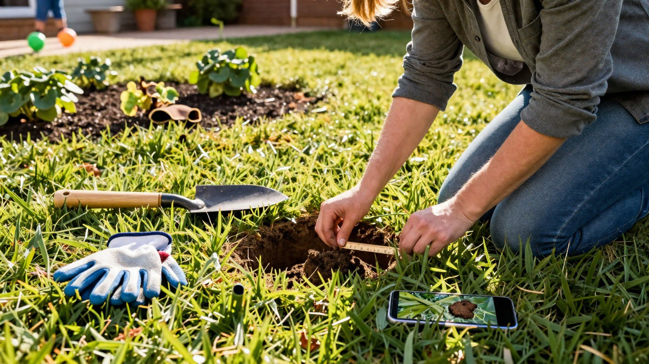 Person kneeling on grass planting a seedling next to gardening gloves, a trowel, and a smartphone showing a plant.