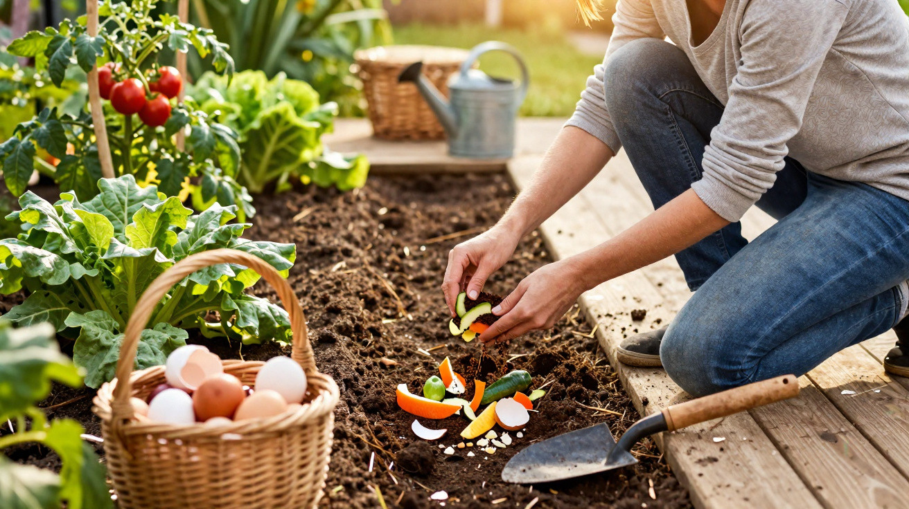 Person composting vegetable scraps in garden soil beside basket of eggs and garden tools on wooden path