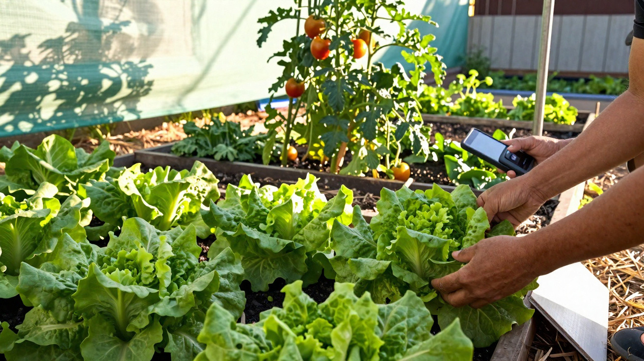 Hands harvesting fresh lettuce in a raised vegetable garden bed with tomatoes in the background.