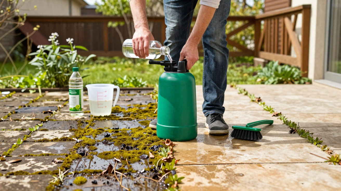 Person pouring liquid into a green garden sprayer on a patio with moss and weeds visible.
