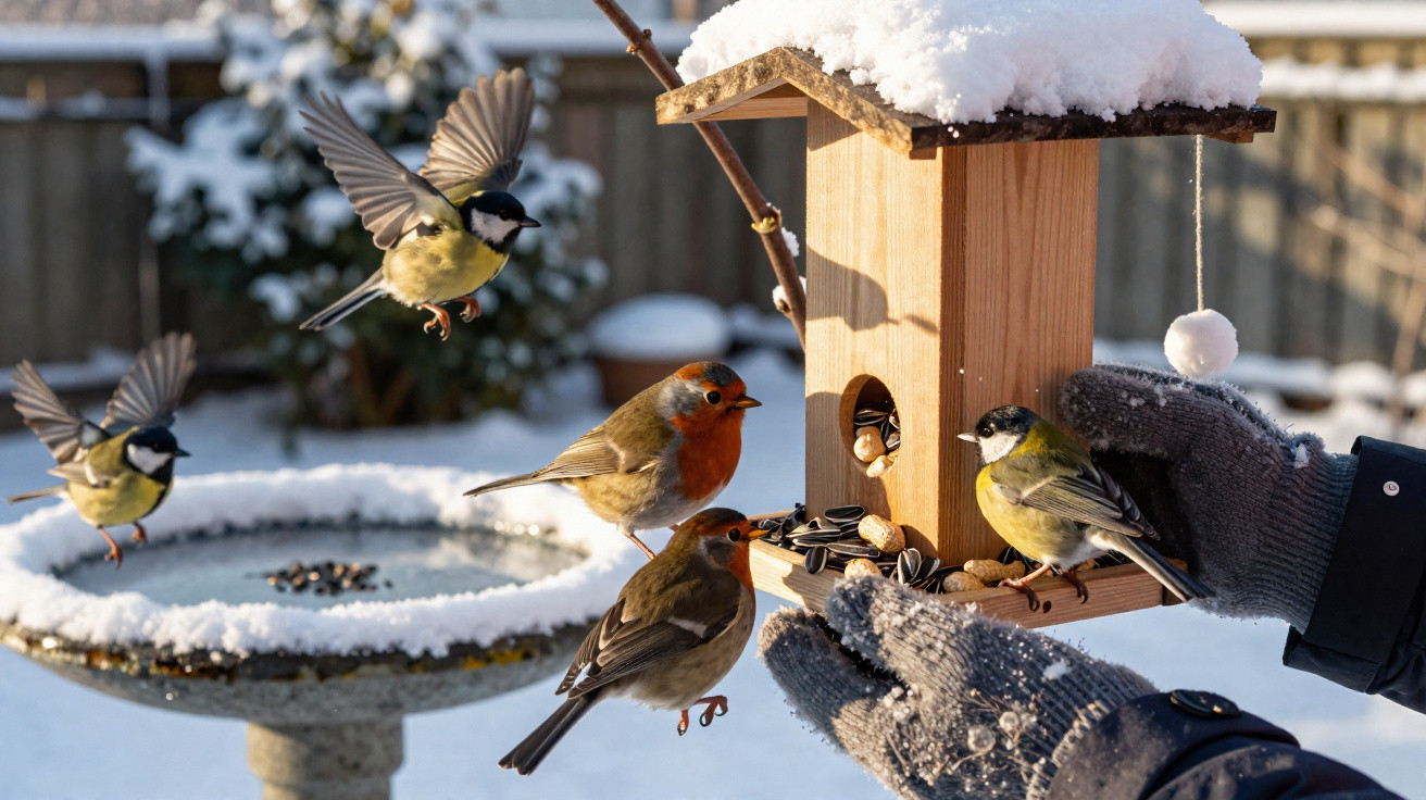 Winter scene of various birds feeding from a snow-covered wooden birdhouse held by gloved hands.