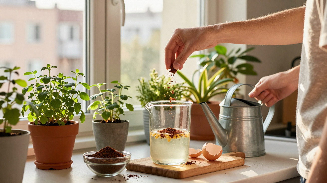 Person sprinkling tea leaves into a glass of hot water on a kitchen windowsill with potted plants.