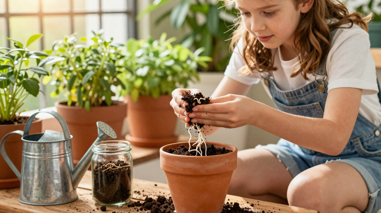 Young girl in denim overalls planting seedlings in a terracotta pot indoors with gardening tools and plants nearby.
