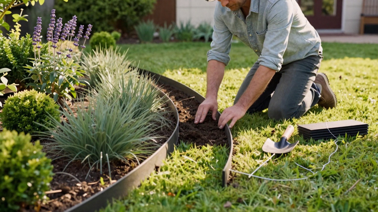 Person kneeling on grass installing garden edging around flower bed with plants and gardening tools nearby