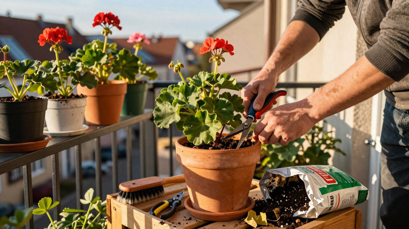 Person pruning a potted geranium on a sunny balcony with gardening tools and soil bag nearby.