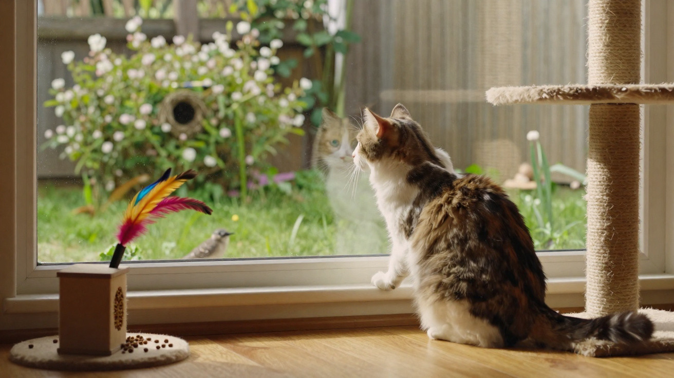 Tabby cat sitting on wooden floor inside, watching the garden through a glass sliding door.